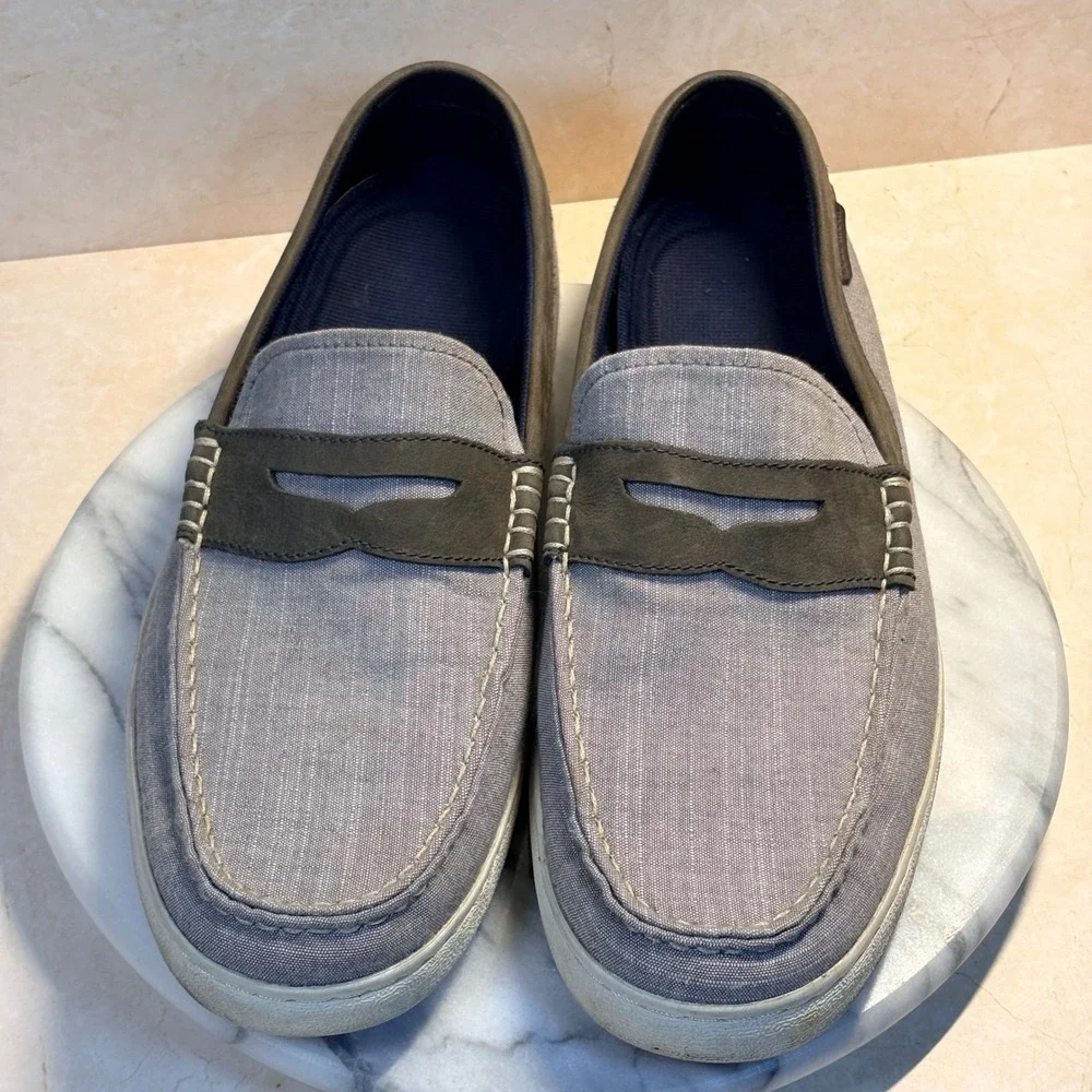 Cole Haan Mens Grand.OS‎ Gray Chambray Textile Leather Penny Loafer Shoes 11.5